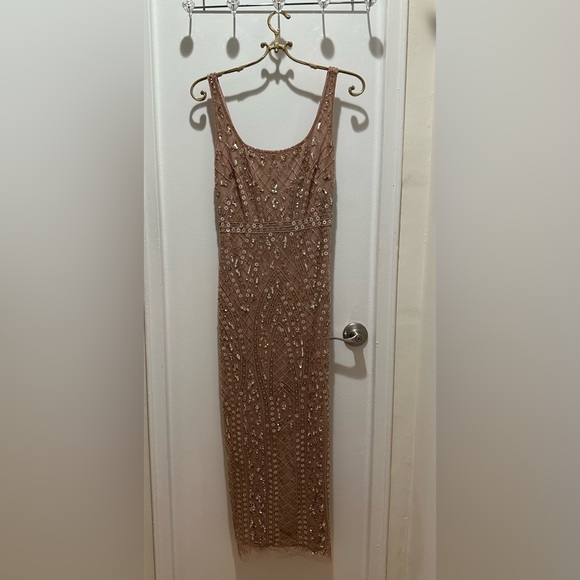 adrianna papell sequin midi dress New NWT Adrianna Papell Antique Gold Feather Sequin Midi Dress $199